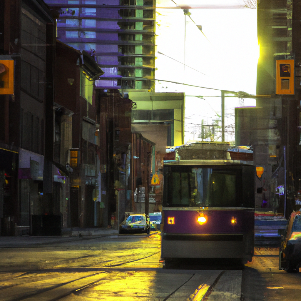 Streetcar passing through Old Town Toronto at sunset with warm light, minimalist composition, quiet street and walkable sidewalks